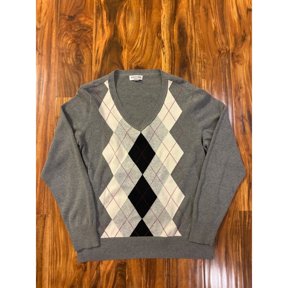 St Johns Bay Womens XL Grey Argyle V-Neck Sweater Long Sleeve Pullover Knit Top